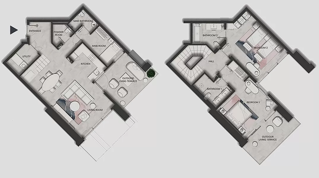 Floor plan of a two-bedroom apartment for sale in SLS Dubai