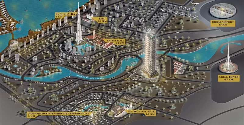Location of SLS Dubai with the surrounding area